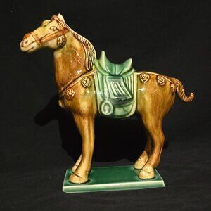 Vtg Tang Dynasty 3 Glaze Horse Statue Brown Cream Jade Glaze